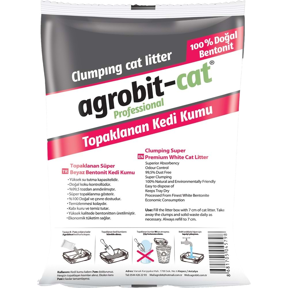 Agrobit Cat Kokusuz Kedi Kumu Doğal Bentonit İnce Taneli 10 Lt