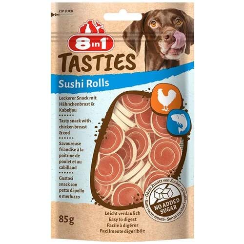 8in1 Tasties Sushi Rolls Morina Balıklı ve Tavuklu Köpek Ödül Maması 85 Gr