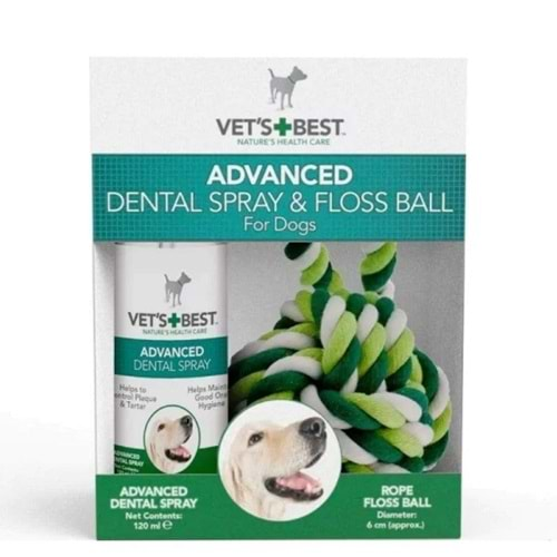 VET'S BEST Köpek Ağız ve Diş Bakım Spreyi 120ml ve Diş Temizleyici Halat Top 16cm (2'li Set)