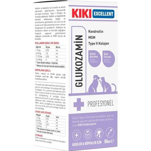 KIKI Excellent Kedi Ve Köpek Glukozamin Kondroitin Type II Kolajen, Msm 50ml